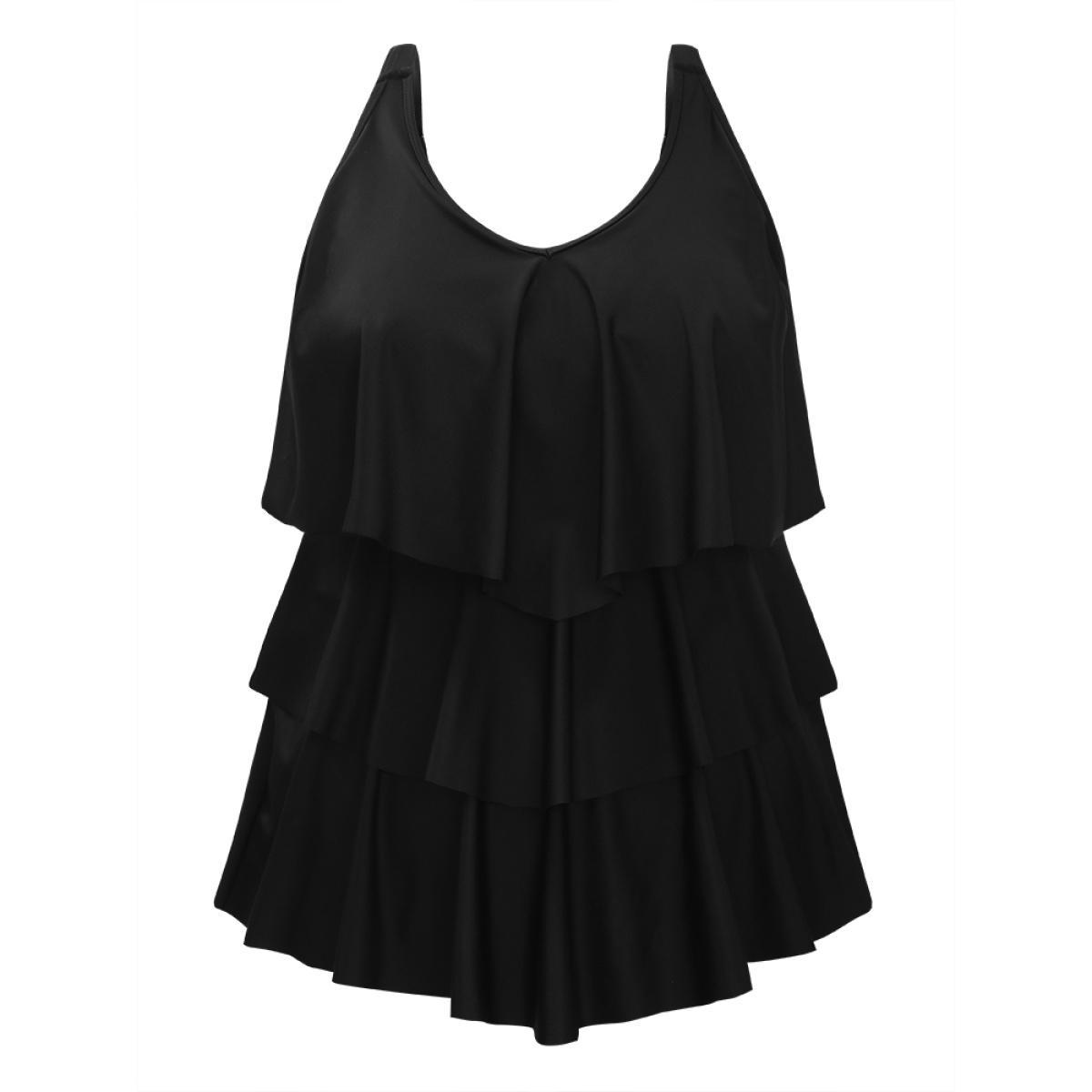 Plus Size Adjustable Straps Asymmetrical Ruffle Tiered Tankini Top Women's Swimwear Black Vacation Adjustable Straps High stretch Bodycon V-neck Curve Swim Tops BloomChic 28/5X Product Image