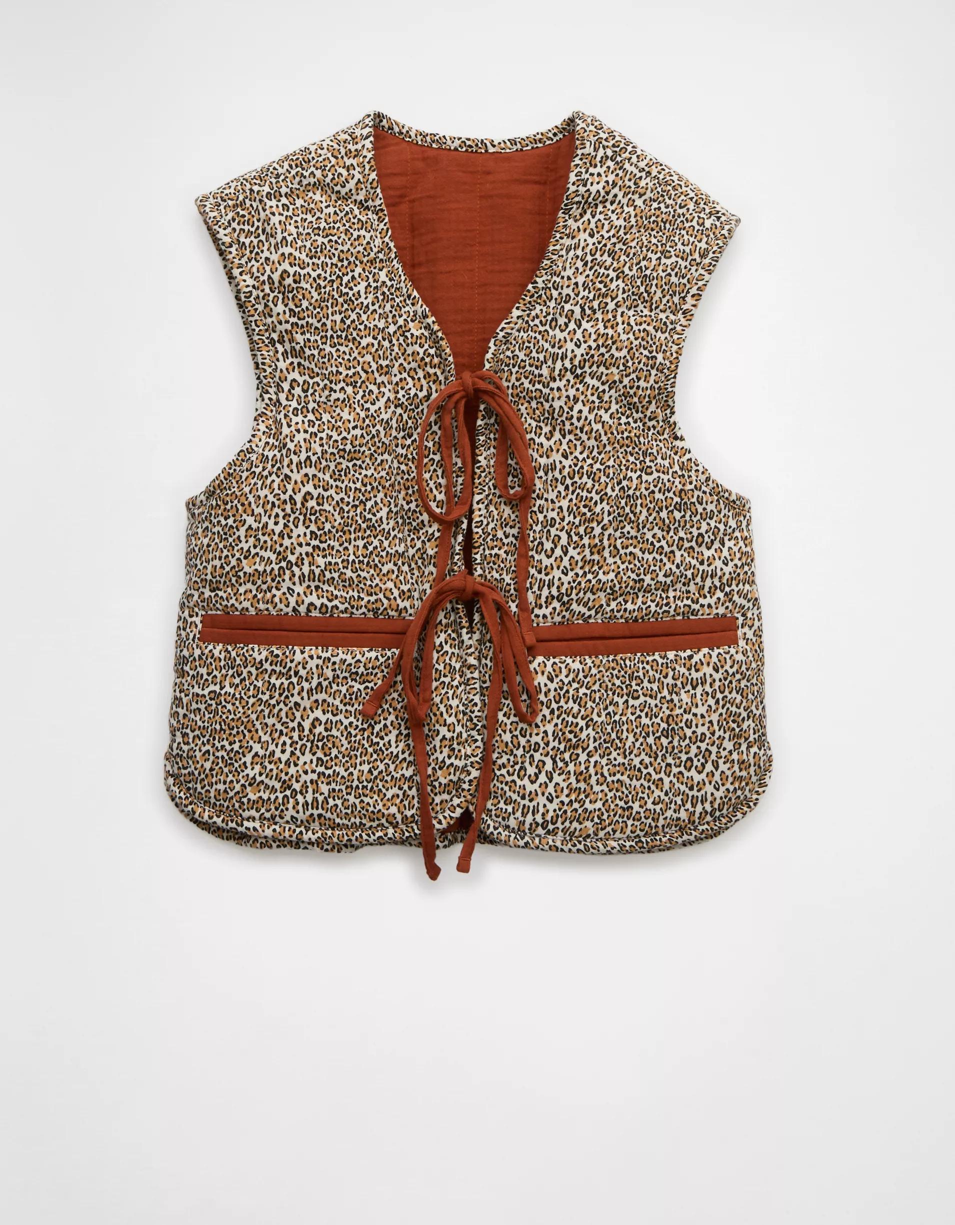 AE Reversible Leopard Tie Front Quilted Vest Product Image