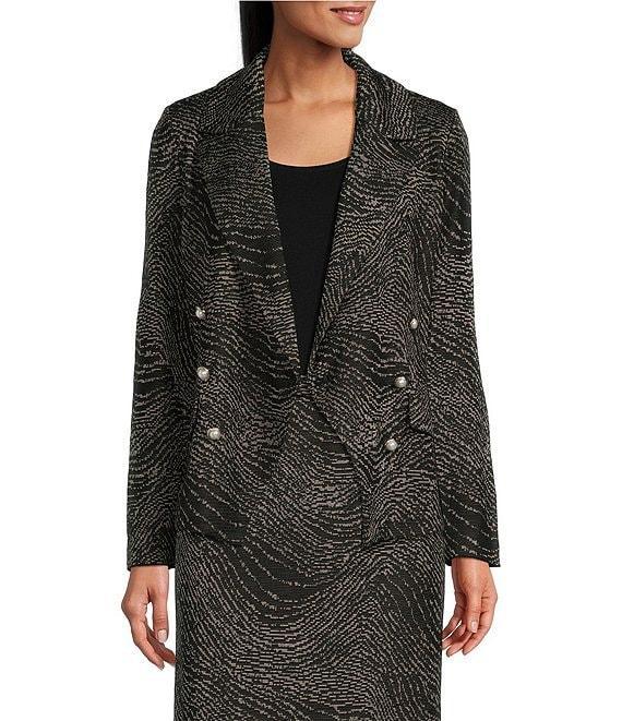 Ming Wang Coordinating Jacquard Knit Swirl Print Notch Lapel Long Sleeve Double Breasted Blazer Product Image