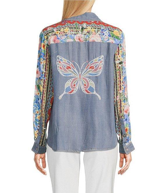 John Mark Embroidered Multi Floral Point Collar Long Roll-Tab Sleeve Tie-Front Top Product Image