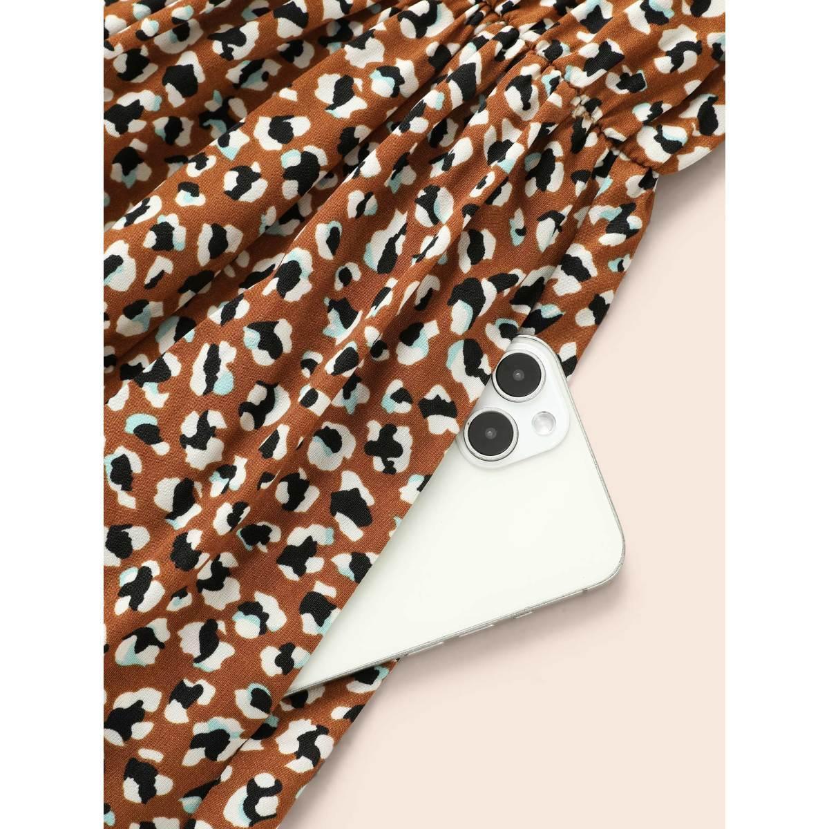 Plus Size Leopard Print Tie Knot Midi Dress Yellowishbrown Women At the Office Tie knot V-neck Long Sleeve Curvy BloomChic 18-20/2X Product Image