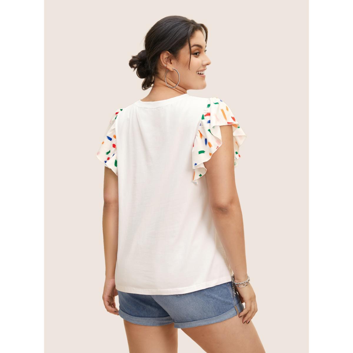 Plus Size Colored Brush Print Ruffle Cap Sleeve T-shirt Originalwhite Women Casual Contrast Round Neck Everyday T-shirts BloomChic 30/6X Product Image