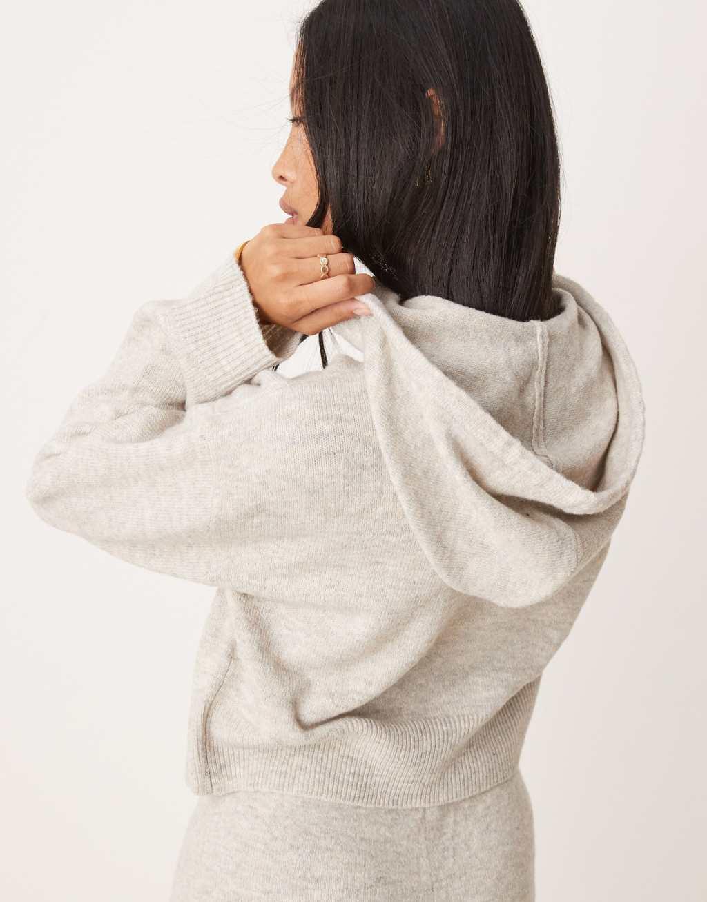 JDY Petite slouchy knit hoodie in cream - part of a set Product Image