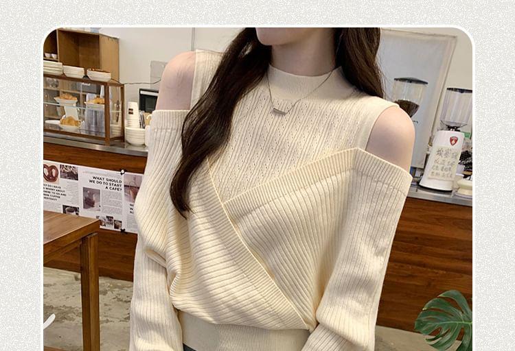 Cold-Shoulder Plain Ribbed Mock Two-Piece Sweater Product Image