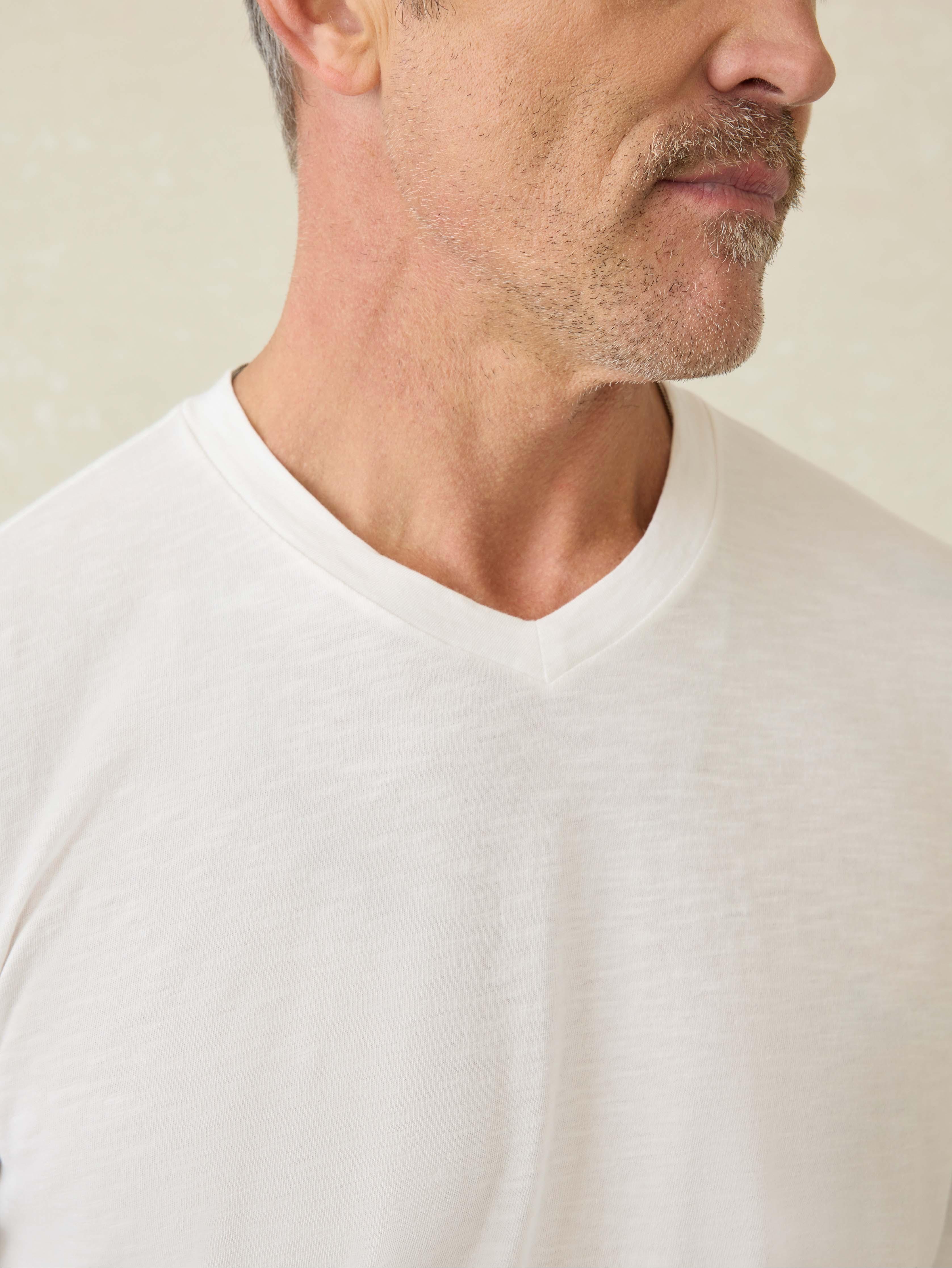 Short-Sleeve Sunwashed Regenerative Cotton V-Neck Tee - White Male Product Image