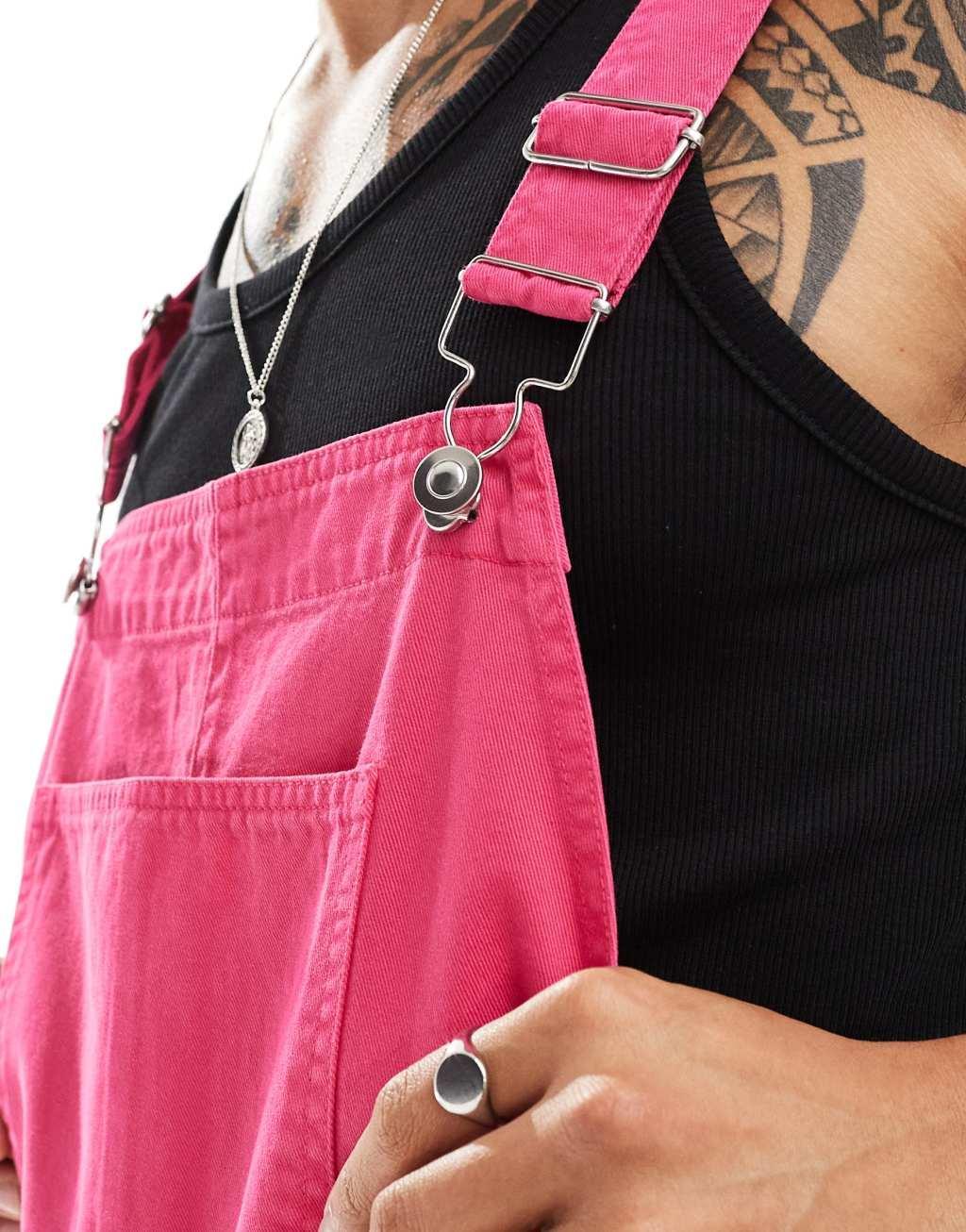 ASOS DESIGN shorter length overalls in bright pink Product Image