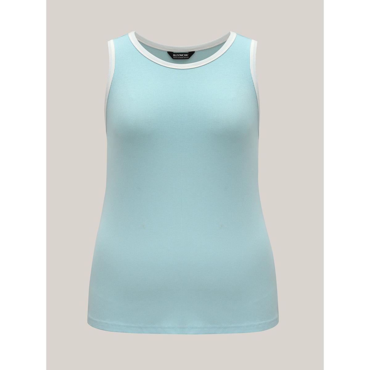 Plus Size Supersoft Stretchy Color Contrast Tank Top Women LightBlue Texture Round Neck Everyday-Casual Tank Tops Camis BloomChic 30/6X Product Image