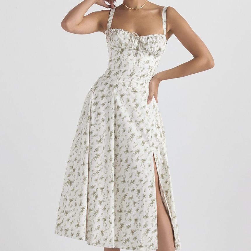 Spaghetti Strap V-Neck Floral  Midi A-Line Dress Product Image