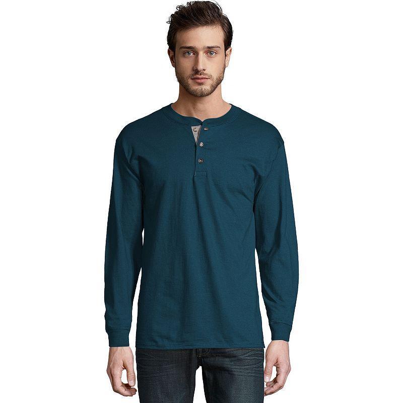 Hanes Beefy-T Mens Long Sleeve Henley Petro Teal XL Product Image