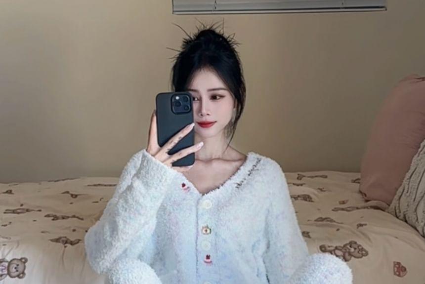 Pajama Set: V-Neck Embroidered Top + Pants Product Image