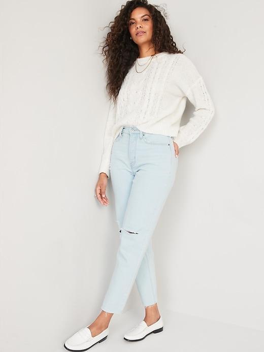 Curvy Extra High-Waisted Button-Fly Straight Ripped Cut-Off Jeans Product Image