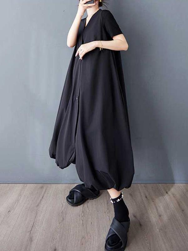 A-Line Loose Buttoned Pleated Pockets Solid Color V-Neck Midi Dresses Vest Outerwear Product Image