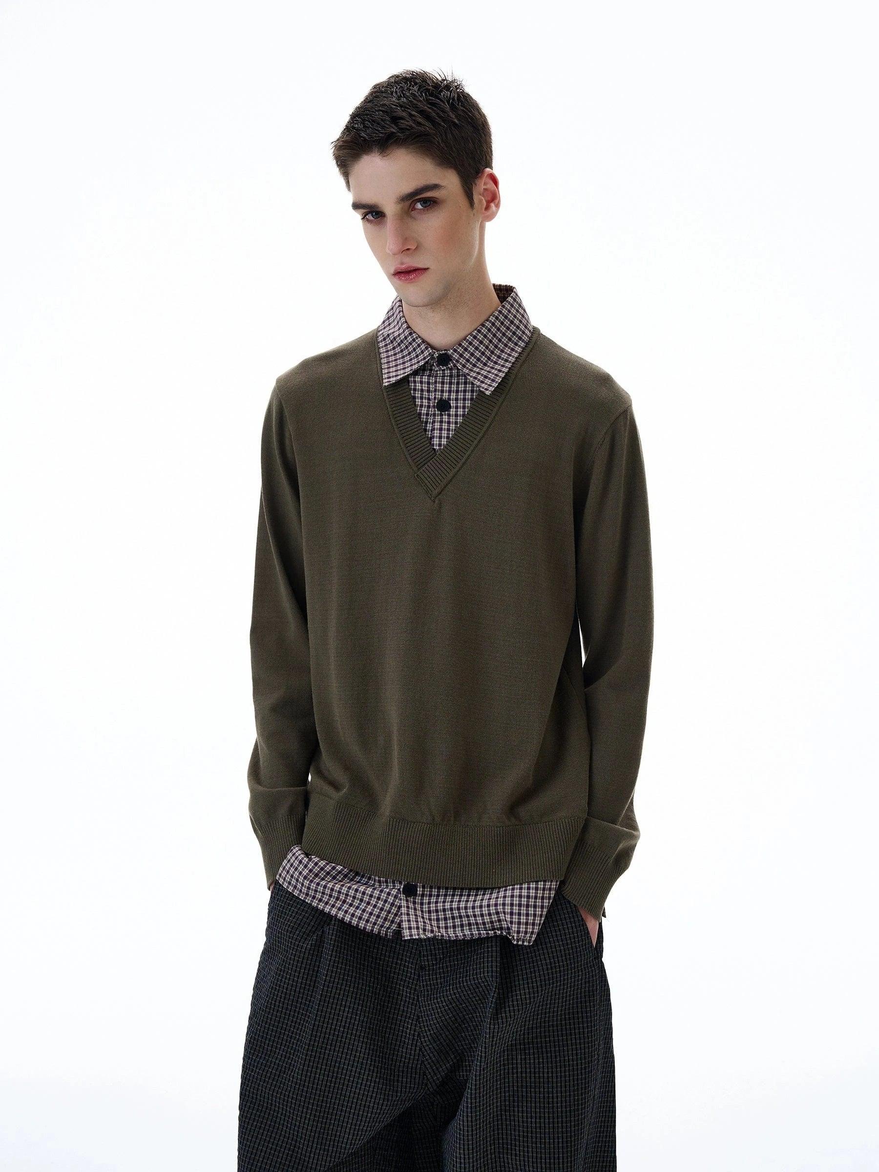 RT No. 20008 TWO PIECE BUTTON-UP SHIRT V-NECK SWEATER Product Image