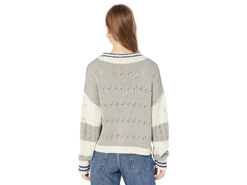 Lucky Brand Cable Stitch Collared Stripe Sweater (Cream Grey Stripe) Women's Clothing Product Image