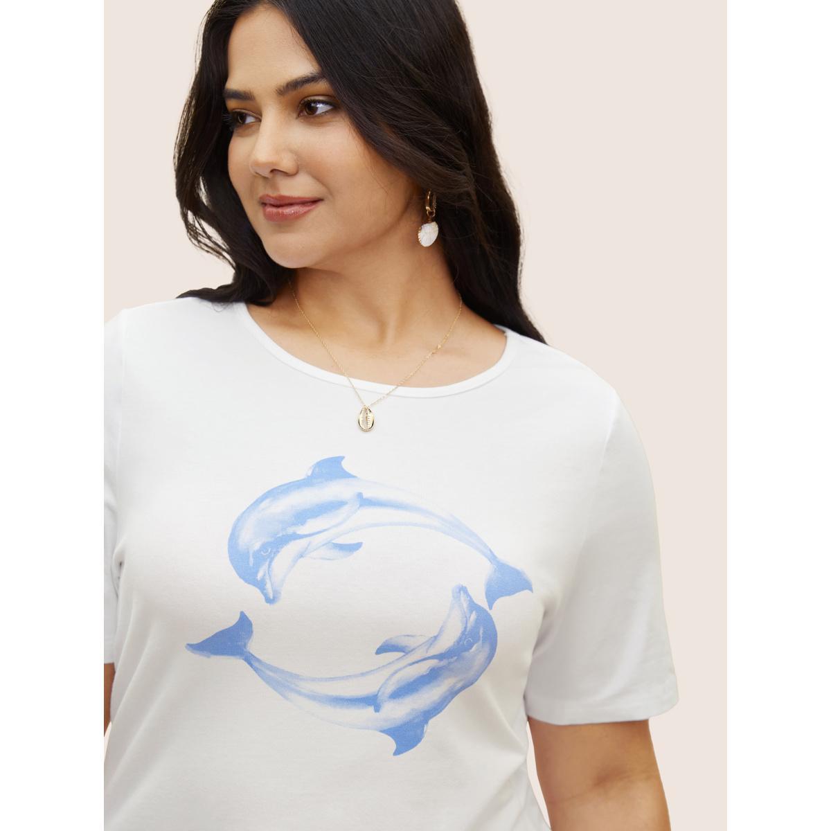Plus Size Crew Neck Dolphin Print Arc Hem T-shirt Originalwhite Women Resort Contrast Marine Round Neck Vacation T-shirts BloomChic 18-20/2X Product Image