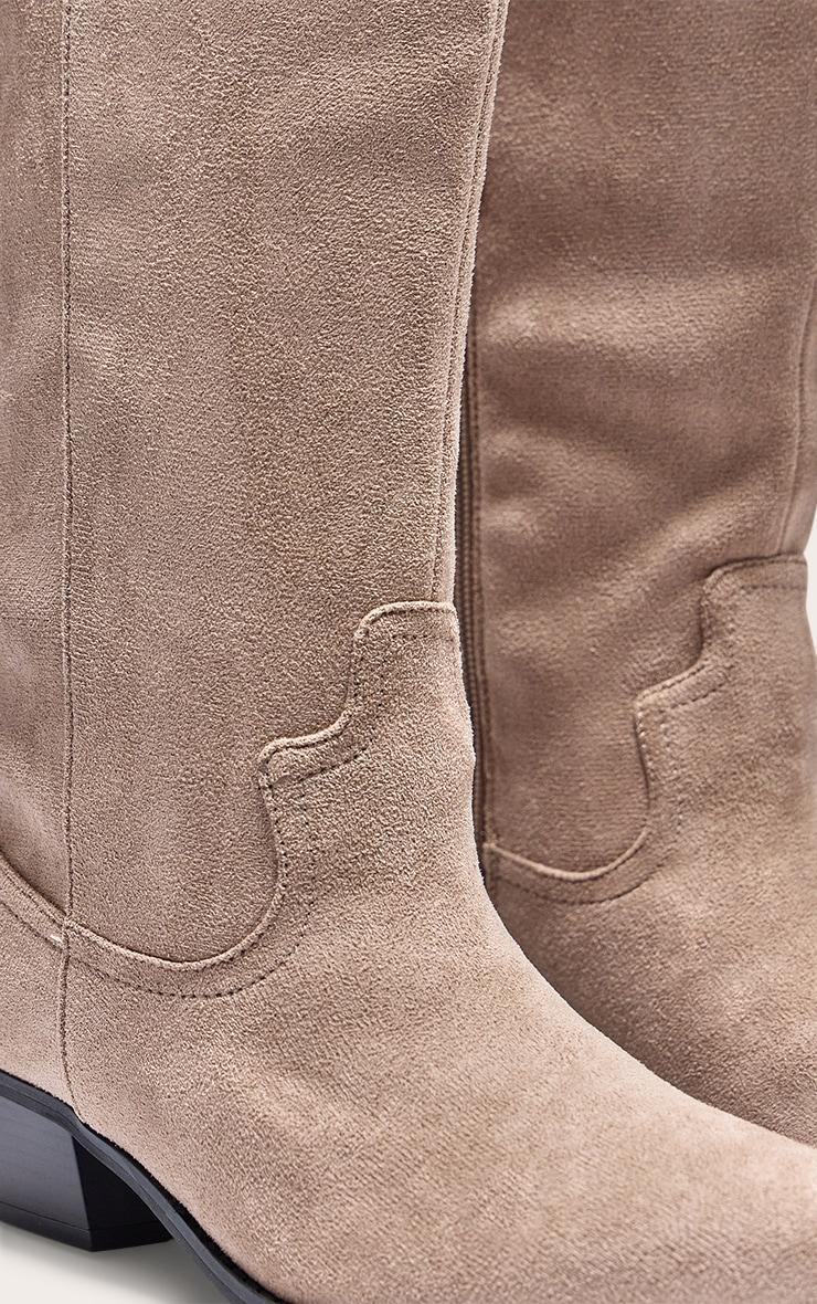 Taupe Faux Suede Point Toe Knee High Western Boots Product Image