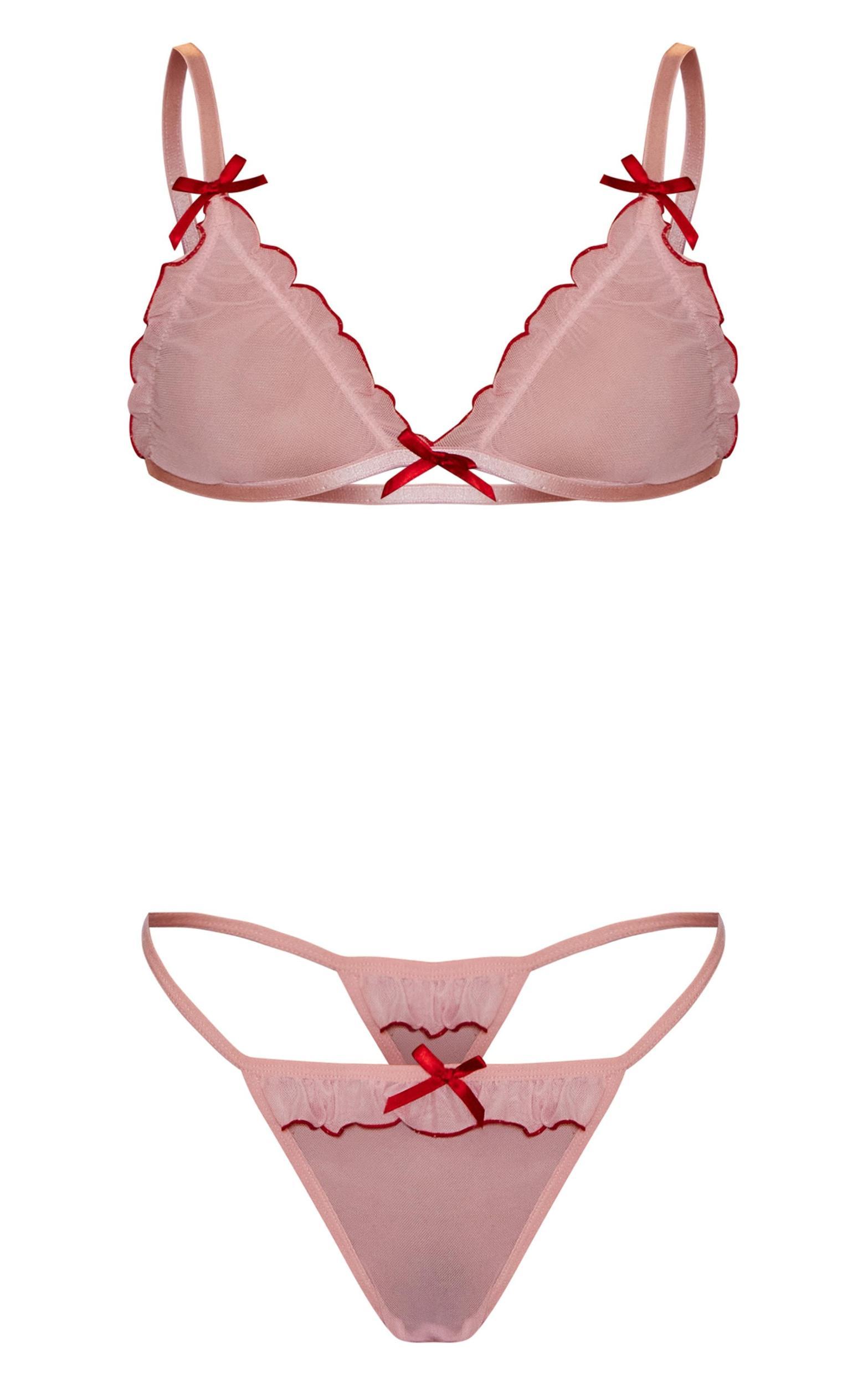 Pink Mesh Contrast Trim Frill Lingerie Set Product Image