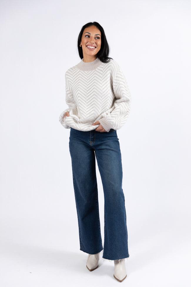 All That You Are Beige Fuzzy Herringbone Mock Neck Sweater SALE Product Image