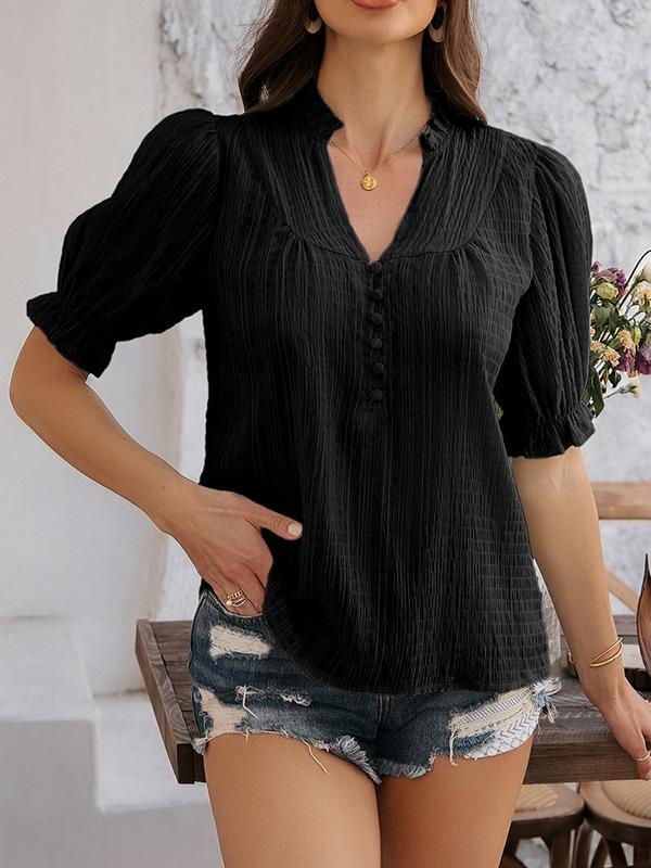 Flared Sleeves Half Sleeves Buttoned Ruffle Trim Solid Color V-Neck Blouses&Shirts Tops Product Image