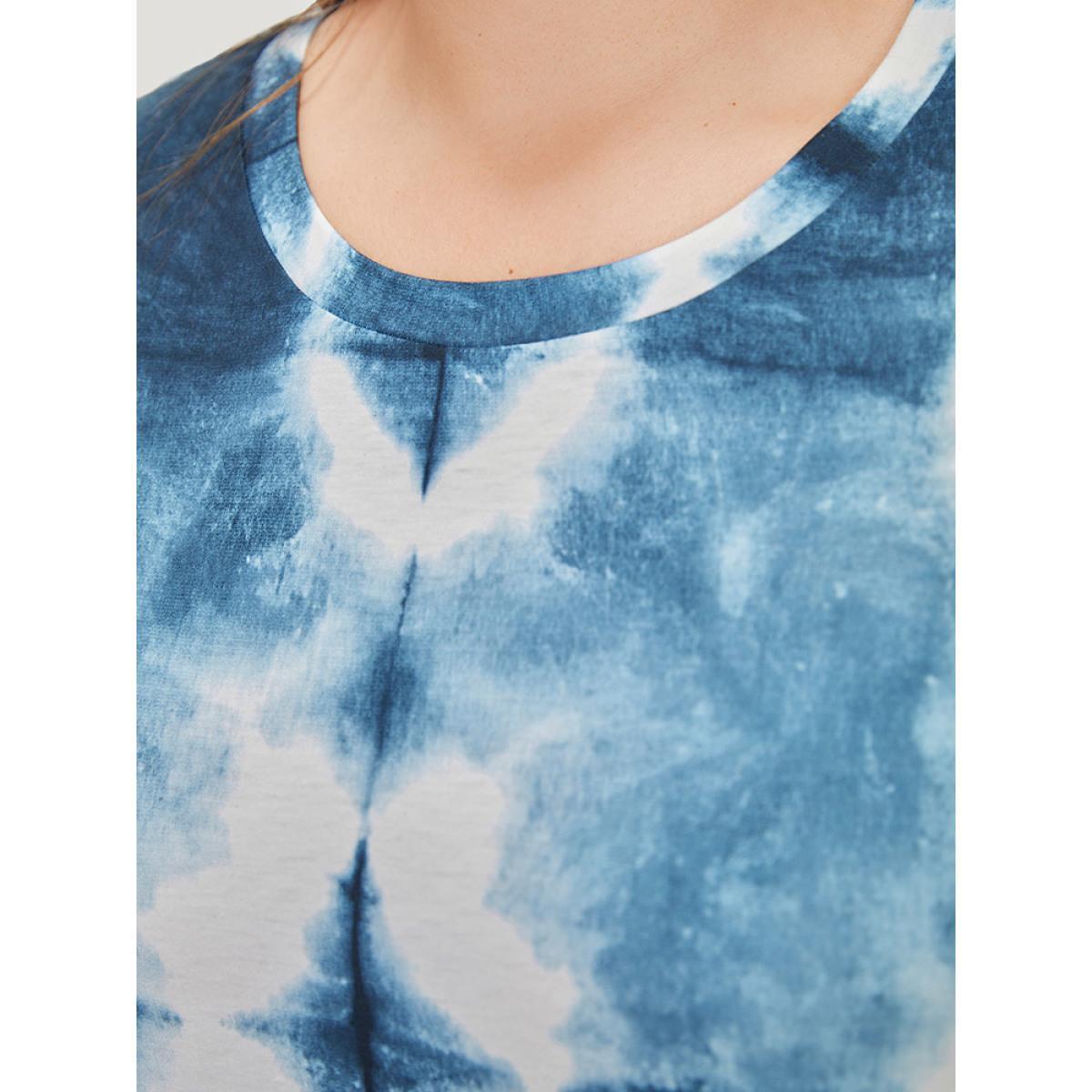 Plus Size Tie Dye Pocket Ruffle Hem Crew Neck Dress Blue Women Casual Printed Round Neck Short sleeve Curvy Midi Dress BloomChic 22-24/3X Product Image