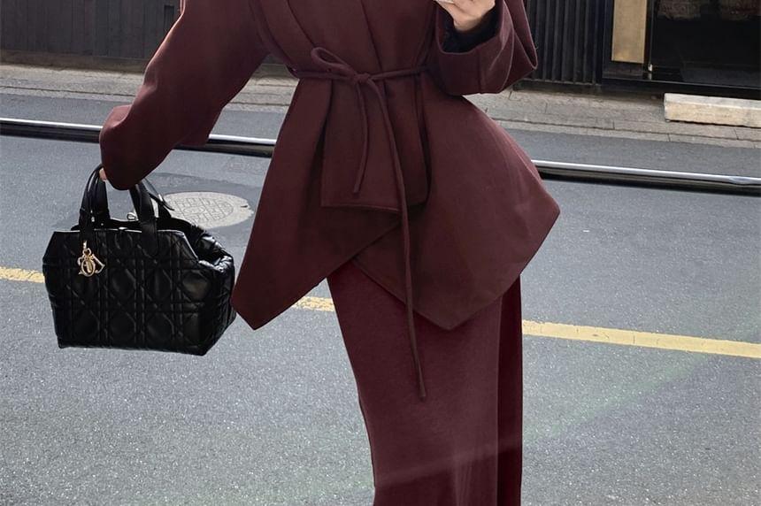 Long-Sleeve V-Neck Tie Waist Jacket / Long-Sleeve V-Neck Plain Maxi A-Line Dress Product Image