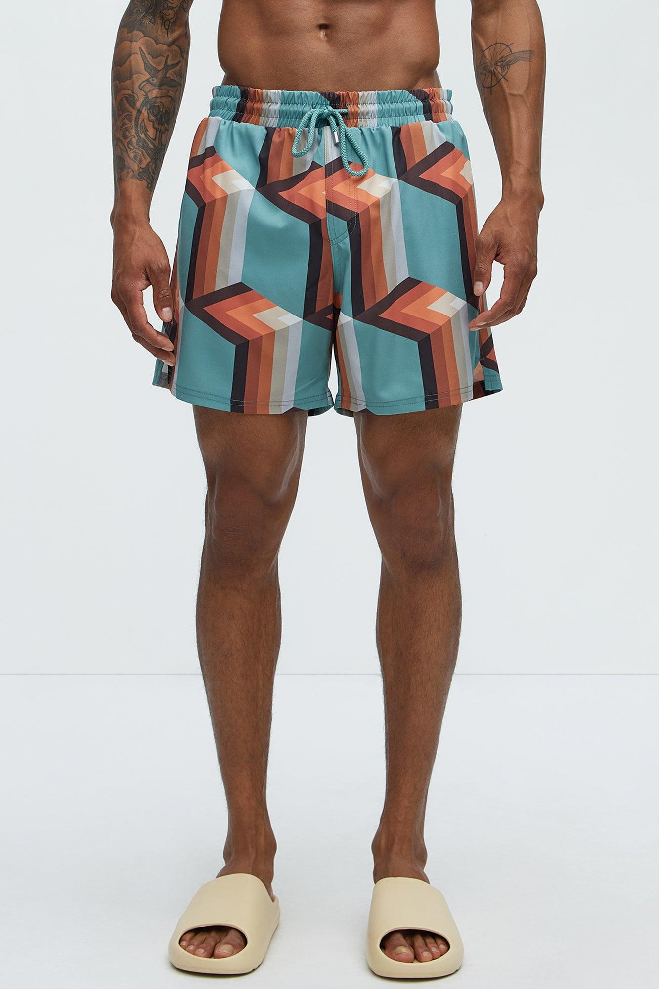 Retro Geometric Swim Mid Trunk - Teal/combo Product Image