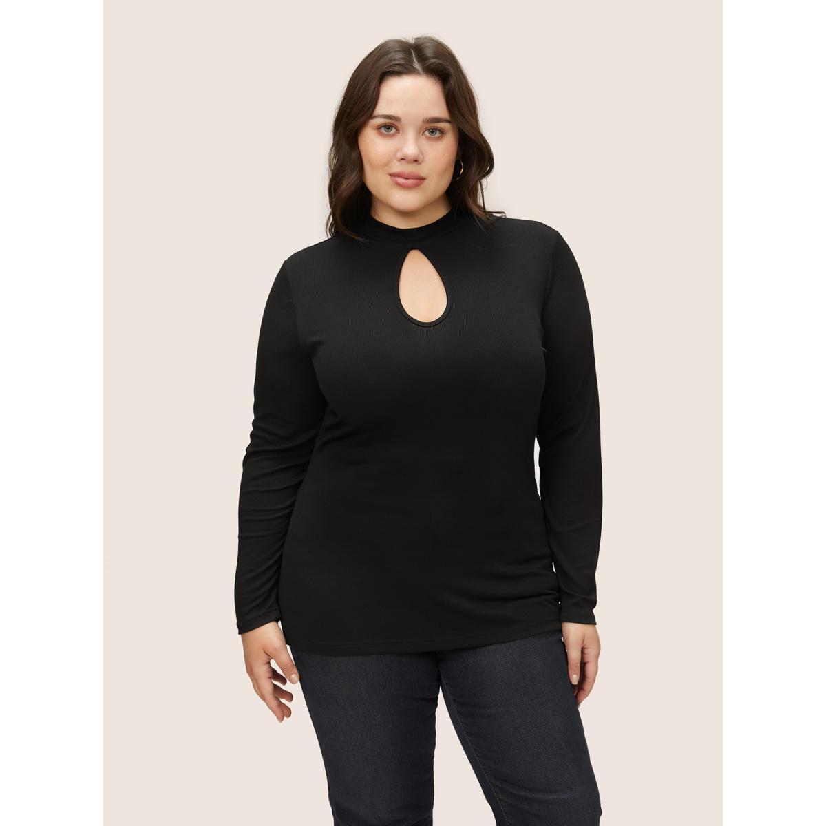Plus Size Supersoft Essentials Cut Out Rib Knit Skinny T-shirt Black Women Office Plain Plain Keyhole Cut-Out Skinny Dailywear T-shirts BloomChic 14-16/1X Product Image