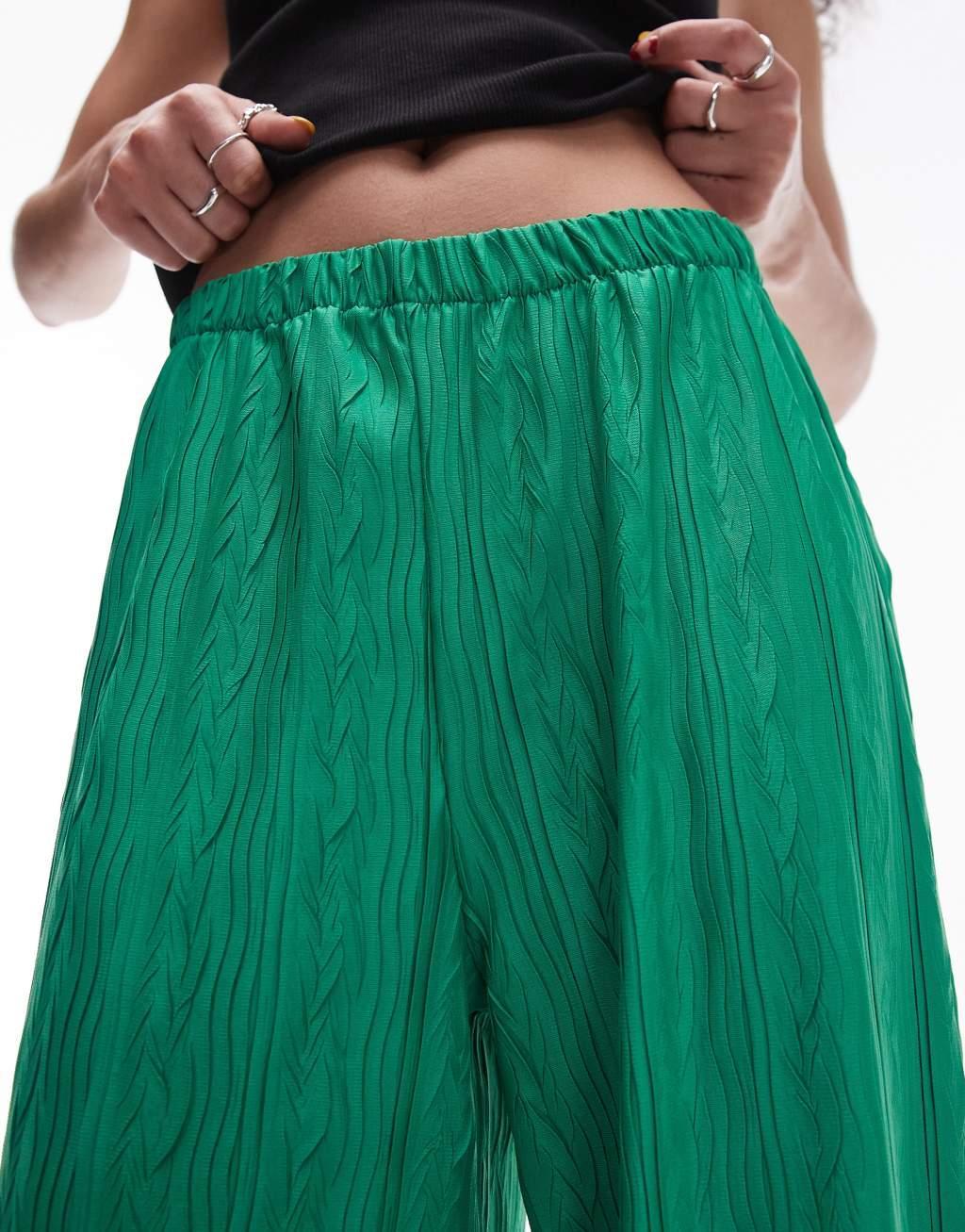 Topshop crinkle plisse wide leg pants in green Product Image