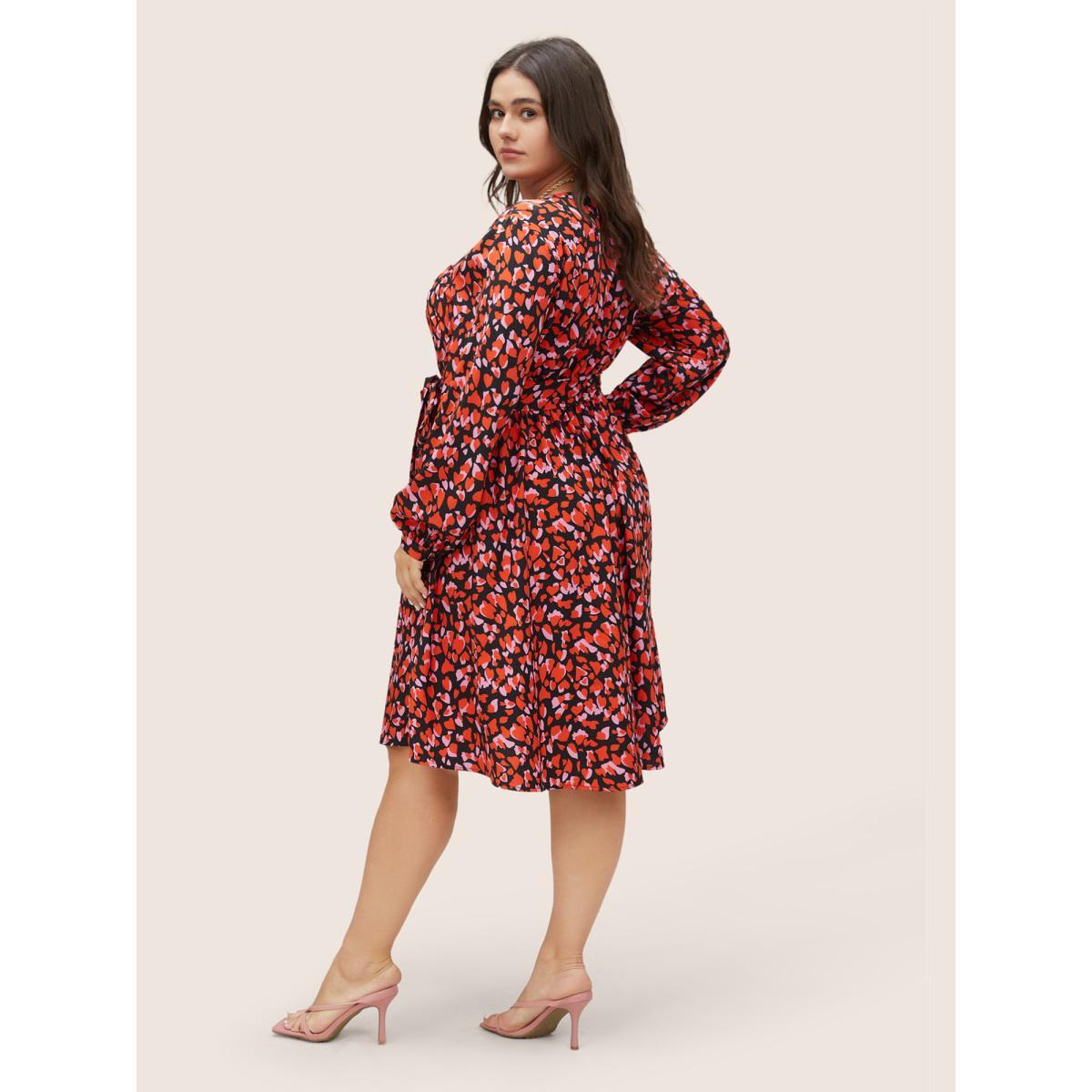 Plus Size Heart Allover Print Belted Surplice Neck Dress Black Women Elegant Wrap Overlap Collar Long Sleeve Curvy Midi Dress BloomChic 18-20/2X Product Image