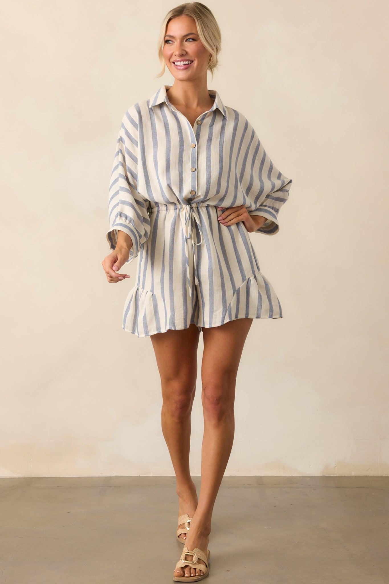 A Good Place To Start Blue Stripe Cotton Drawstring Romper Product Image
