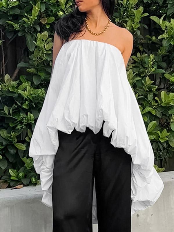 High-Low Sleeveless Elasticity Pleated Solid Color Split-Joint Tube Blouses&Shirts Tops Product Image