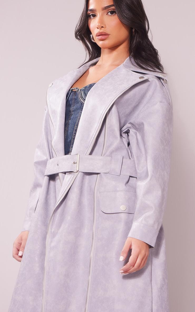 Petite Washed Grey Pu Biker Trench Product Image