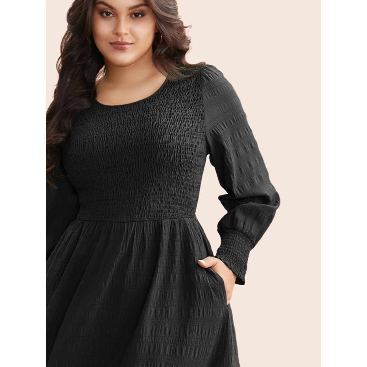 Plus Size Plain Textured Shirred Midi Dress Moss Women Timeless Texture Round Neck Long Sleeve Curvy BloomChic 30/6X Product Image