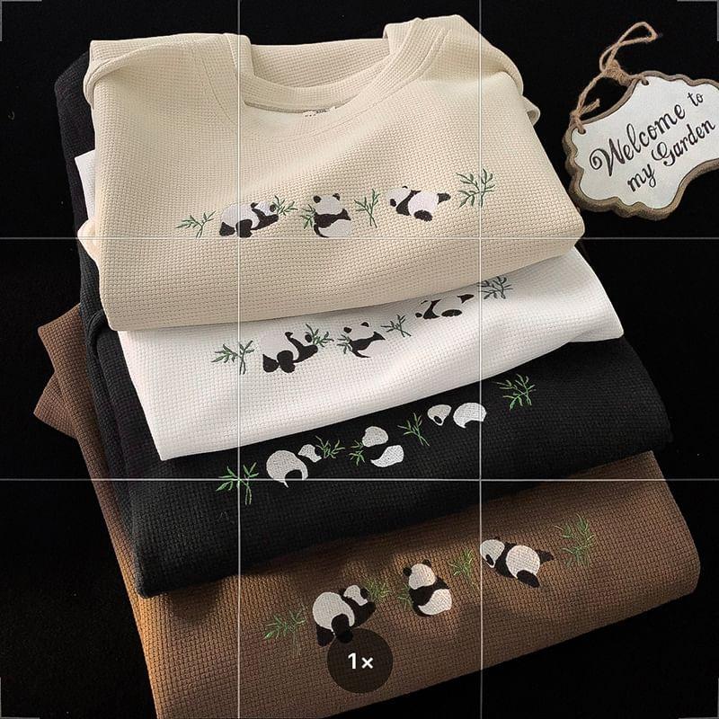 Short Sleeve Crew Neck Panda Print Waffle Boxy T-Shirt Product Image