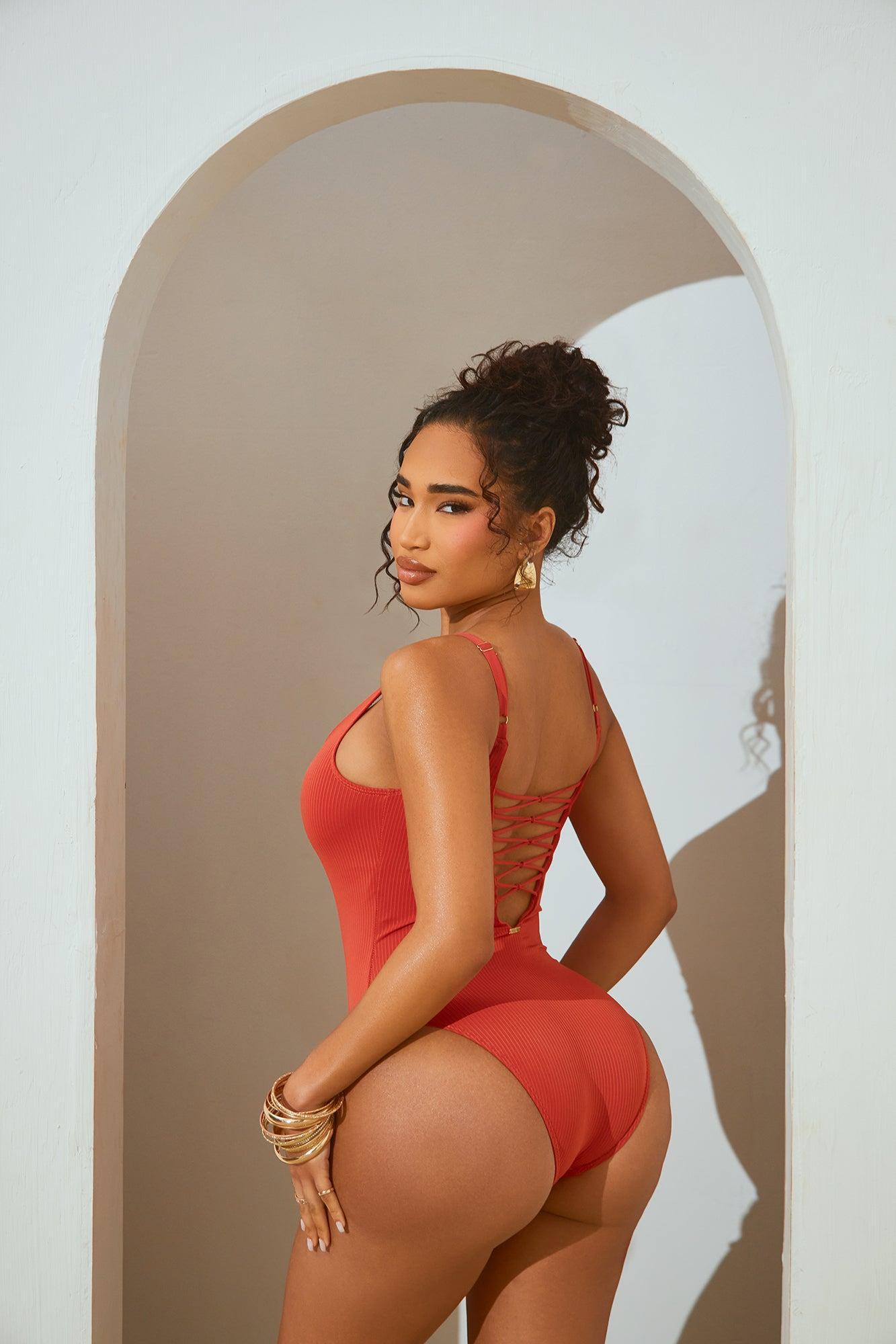 Best Summer Days Ribbed Lace Up 1 Piece Swimsuit - Rust Product Image