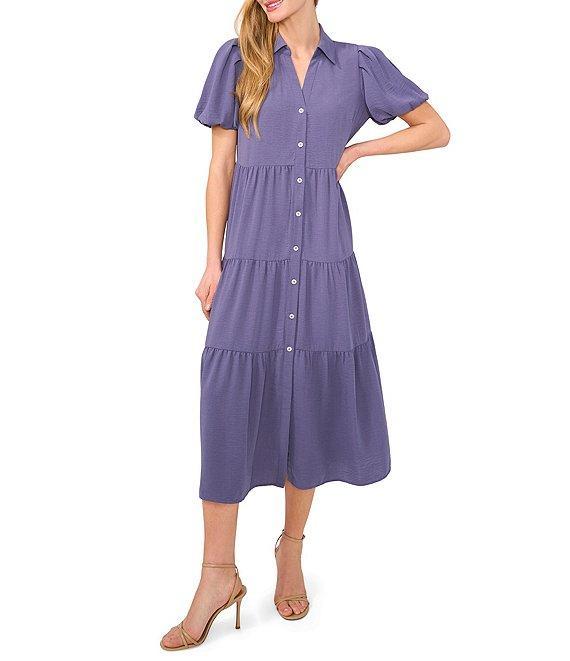 CeCe Gauze Point Collar Short Puff Sleeve Button Front Tiered Midi Shirt Dress Product Image