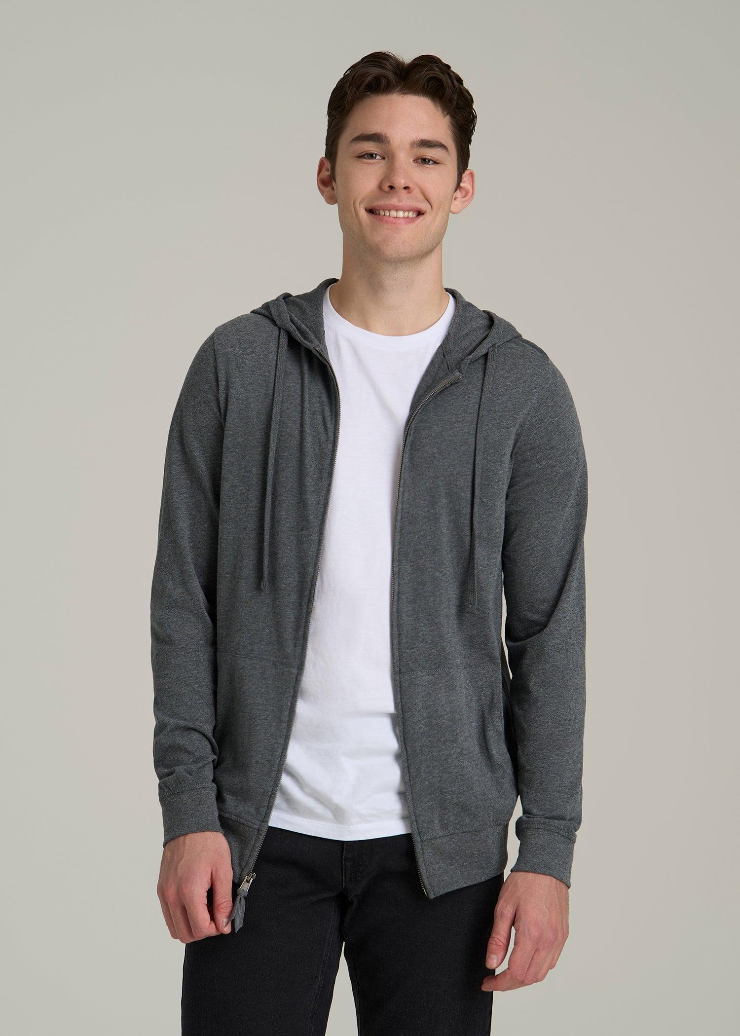 Long Sleeve Full Zip Jersey Hoodie for Tall Men in Charcoal Mix Male Product Image