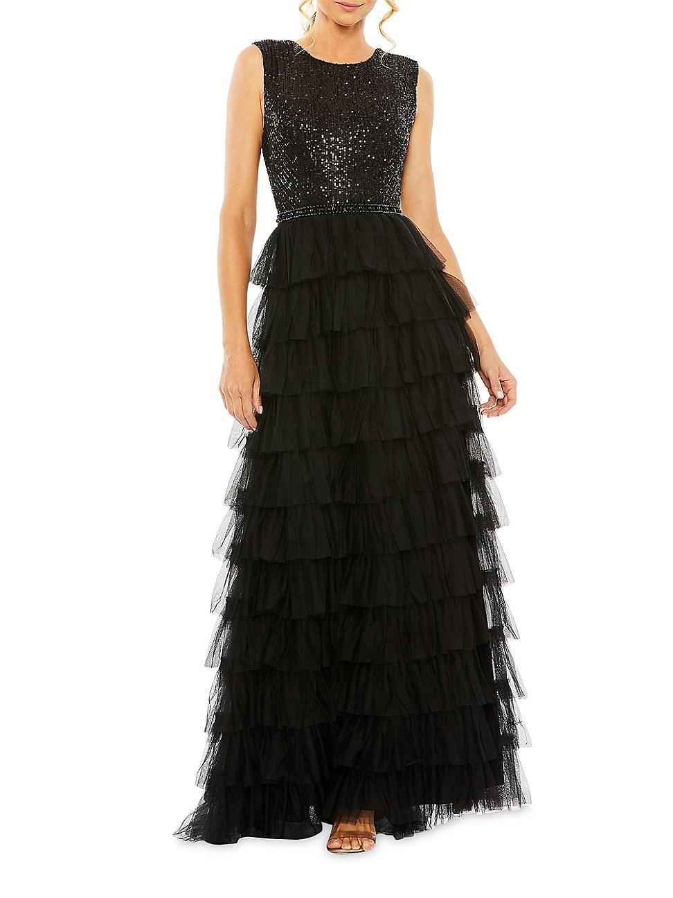 Mac Duggal Sleeveless Tiered Ruffled Sequin Crew Neck Gown Product Image