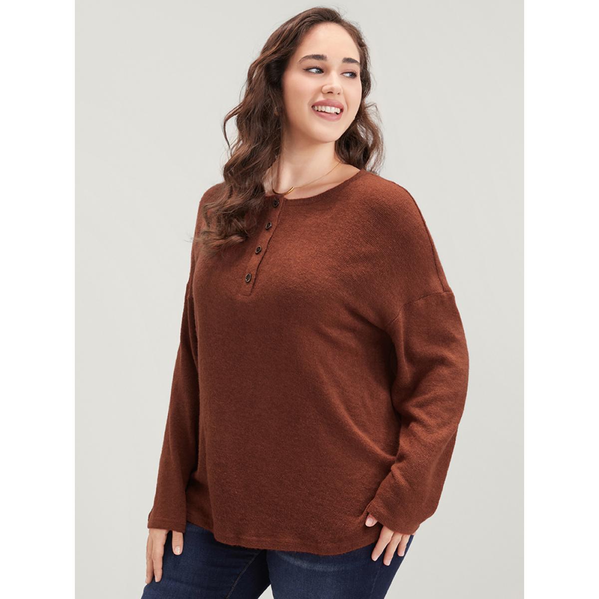 Plus Size Solid Button Up Round Neck Sweatshirt Women Rust Elegant Button Round Neck Dailywear Sweatshirts BloomChic 12/L Product Image