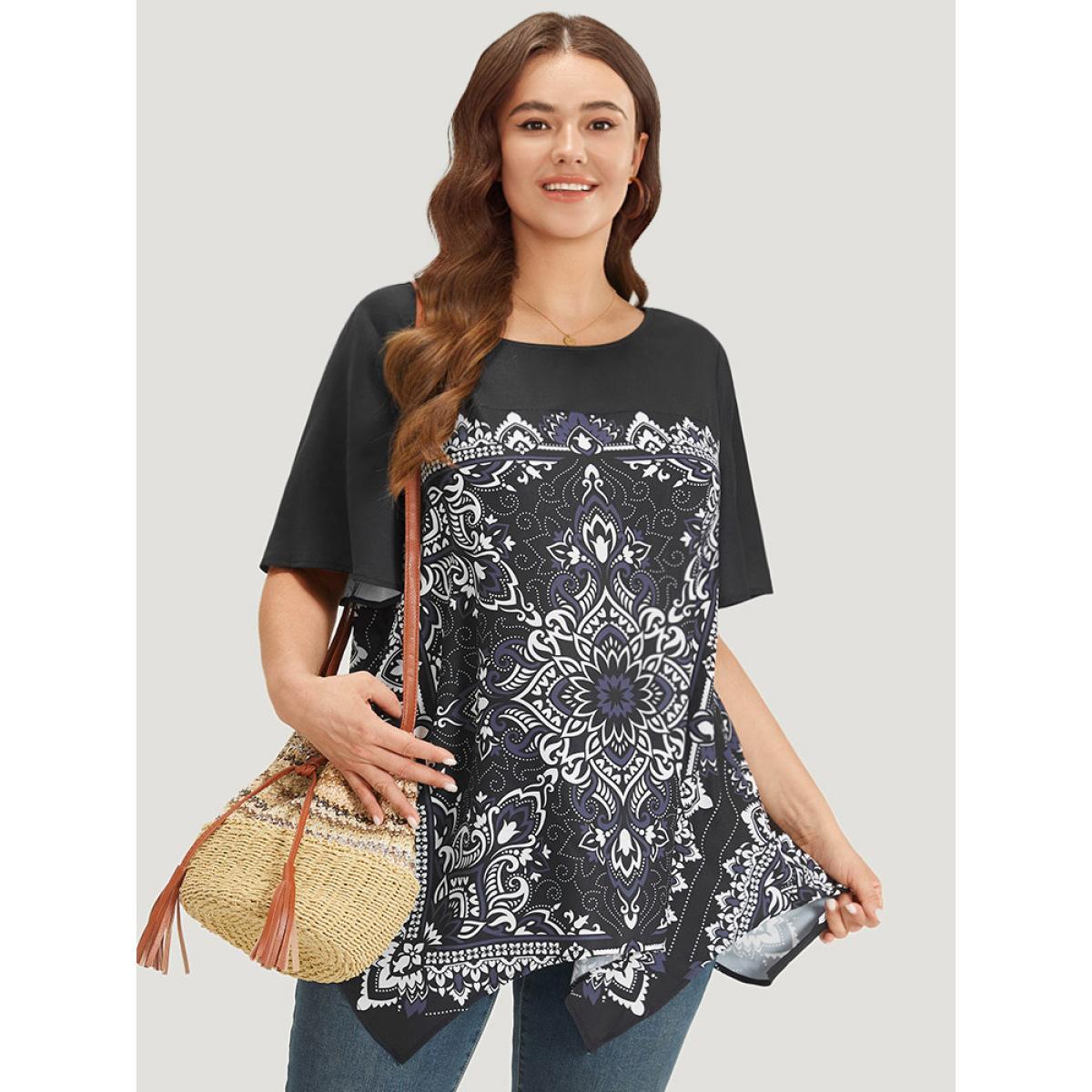 Plus Size Black Boho Print Crew Neck Flutter Sleeve Hanky Hem Blouse Women Vacation Short sleeve Round Neck Dailywear Blouses BloomChic 10/M Product Image