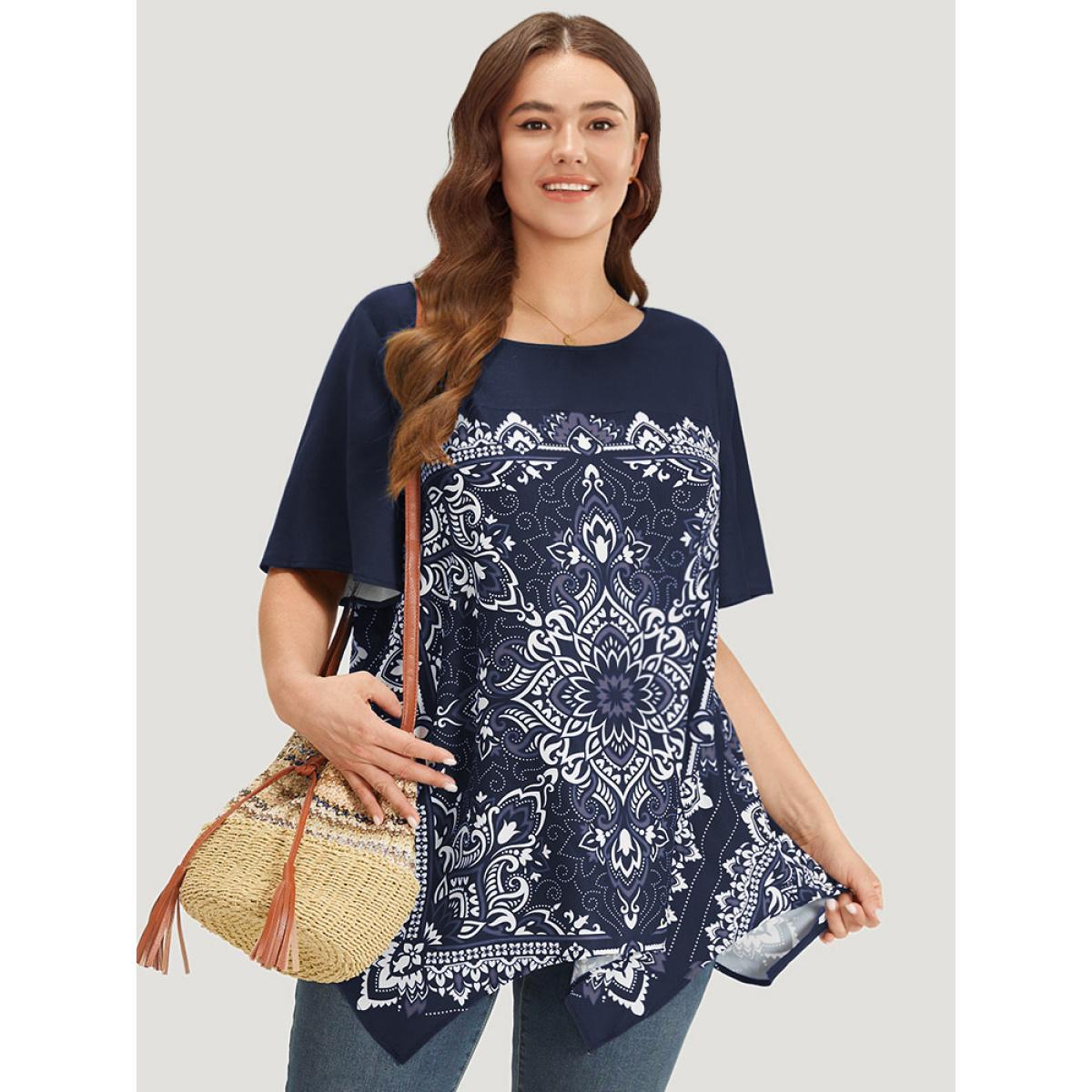 Plus Size Black Boho Print Crew Neck Flutter Sleeve Hanky Hem Blouse Women Vacation Short sleeve Round Neck Dailywear Blouses BloomChic 10/M Product Image