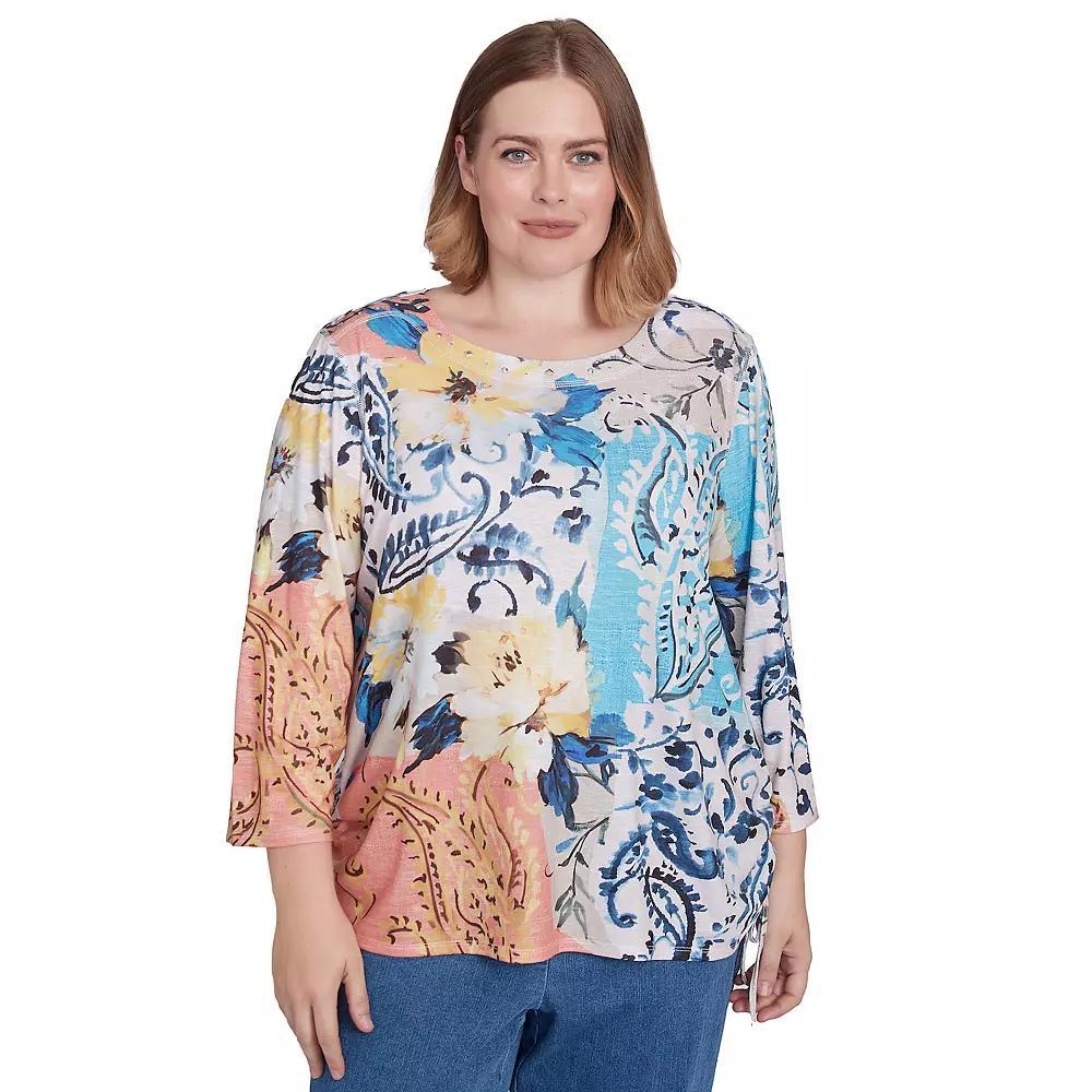 Plus Size Alfred Dunner Floral Patch Drawstring Ruched Top, Women's, Size: 3XL, Multi Blue Product Image