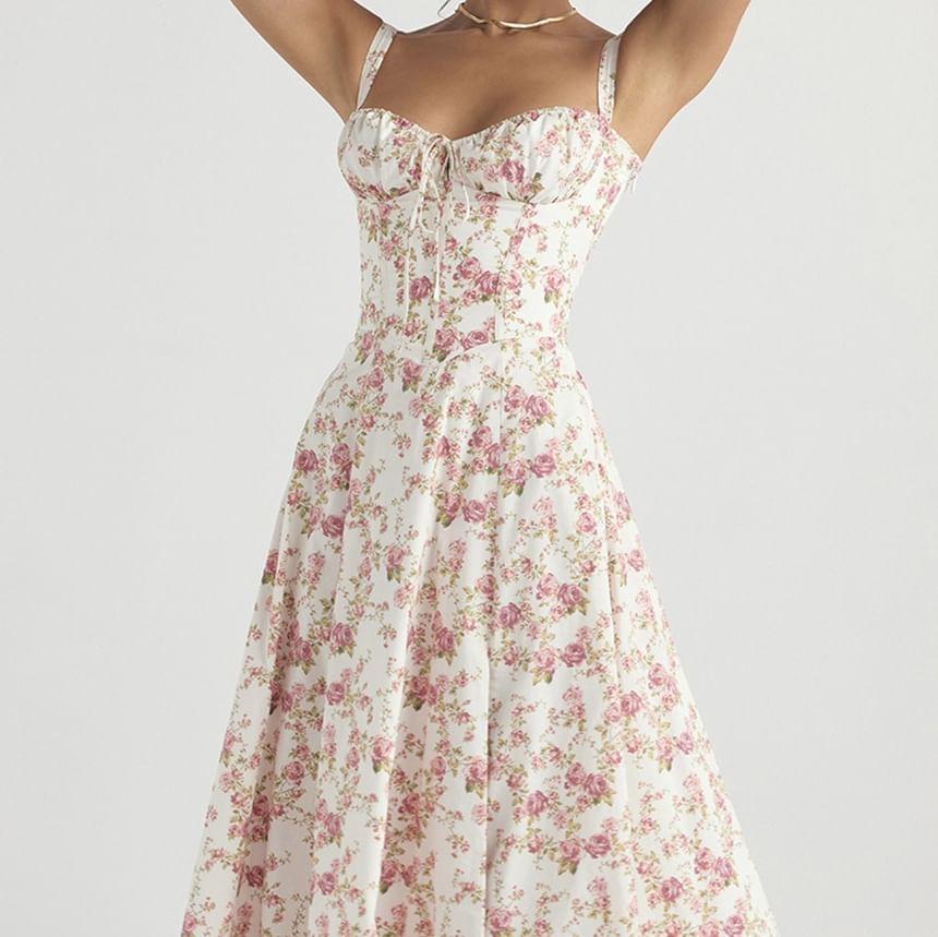 Spaghetti Strap V-Neck Floral  Midi A-Line Dress Product Image