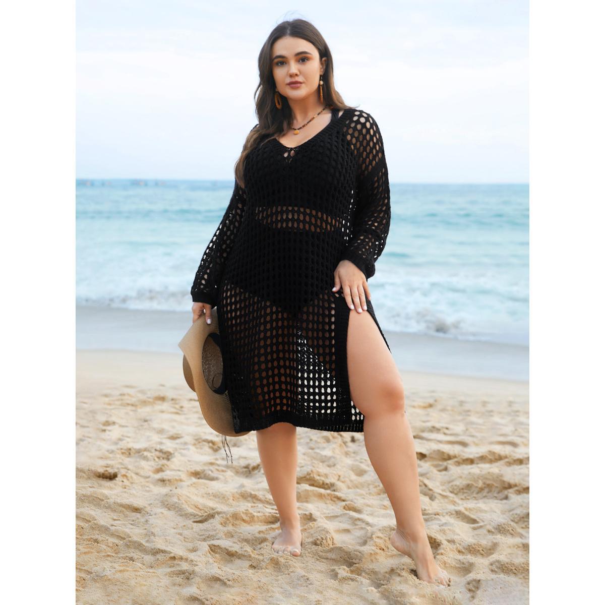 Plus Size Cut-Out Split Side Hem Swim Cover Up Women's Swimwear Black Beach Loose Cut-Out Curve Swim Cover Ups BloomChic 14-16/1X Product Image