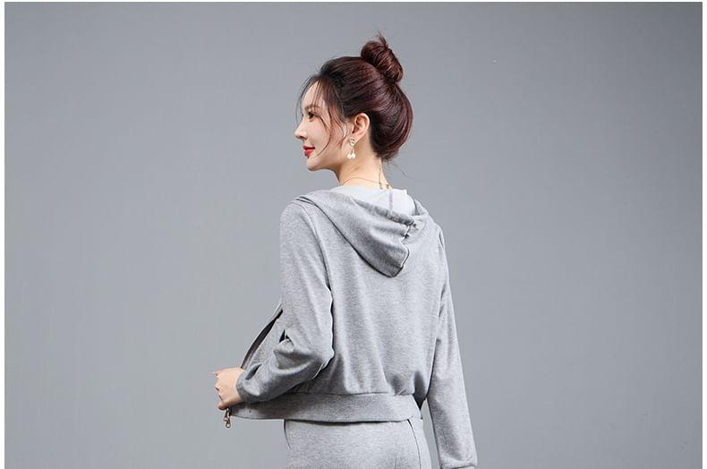 Set: Embroidered Zip-Up Crop Hoodie + Drawstring Waist Loose Fit Sweatpants Product Image