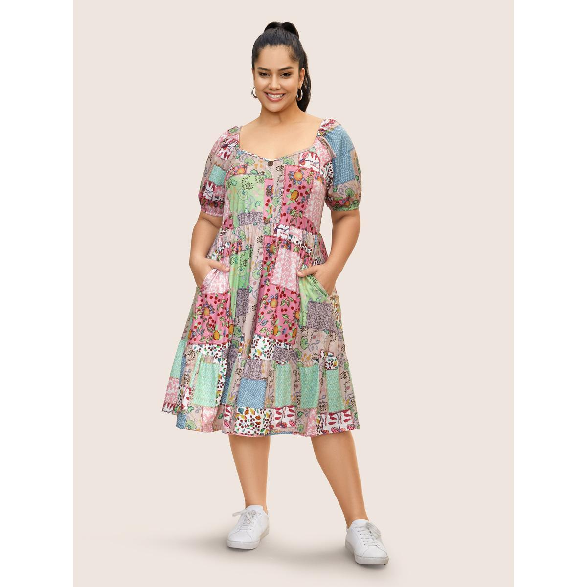 Plus Size Patchwork Boho Print Raglan Sleeve Midi Dress Multicolor Women Casual V-neck Short sleeve Curvy BloomChic 12/L Product Image