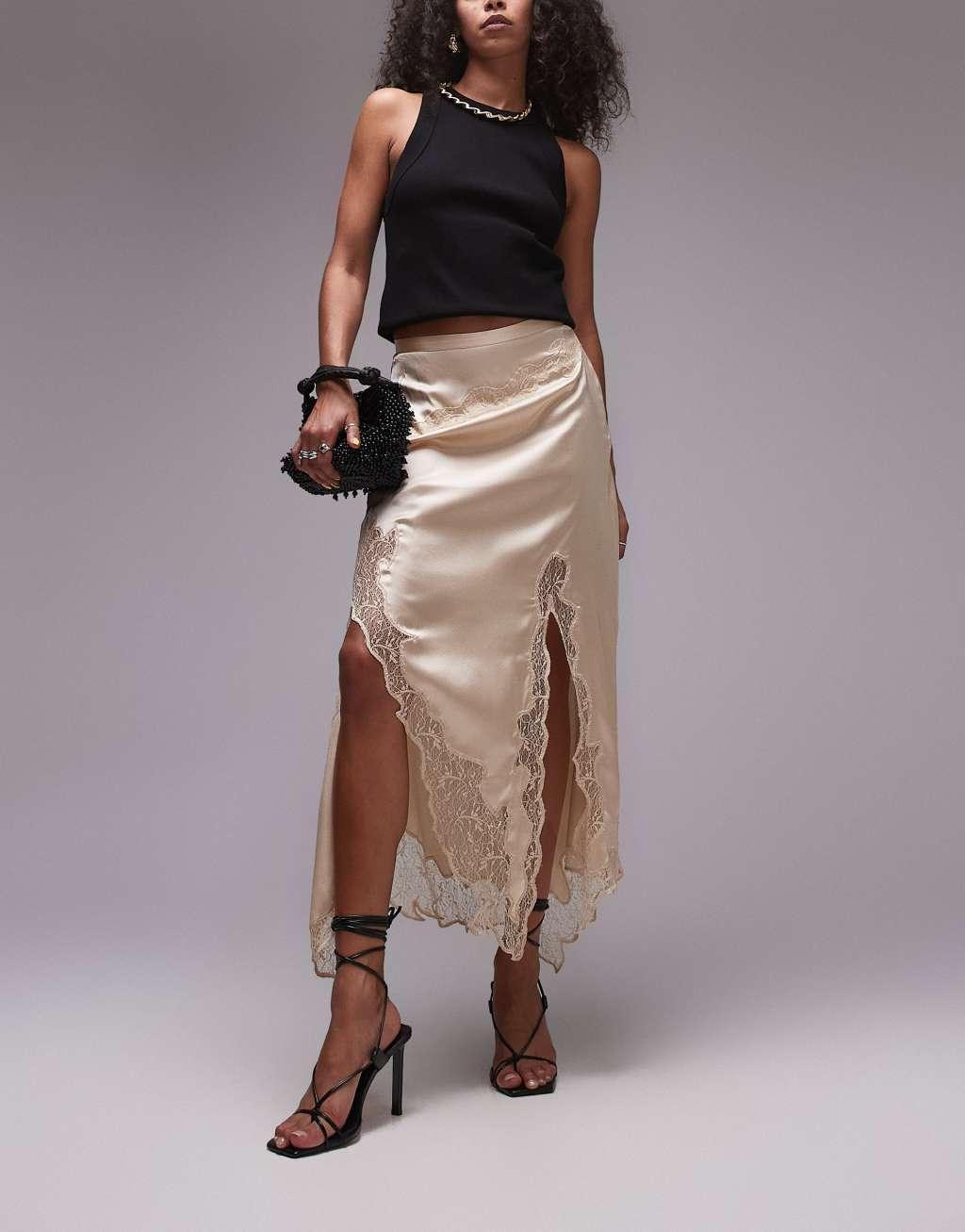 Topshop satin and lace maxi skirt in oyster Product Image