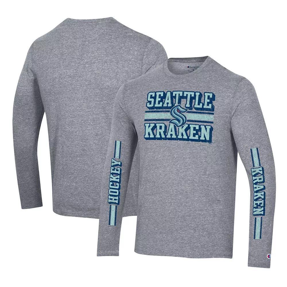 Men's Champion Heather Gray Seattle Kraken Tri-Blend Dual-Stripe Long Sleeve T-Shirt,  Product Image