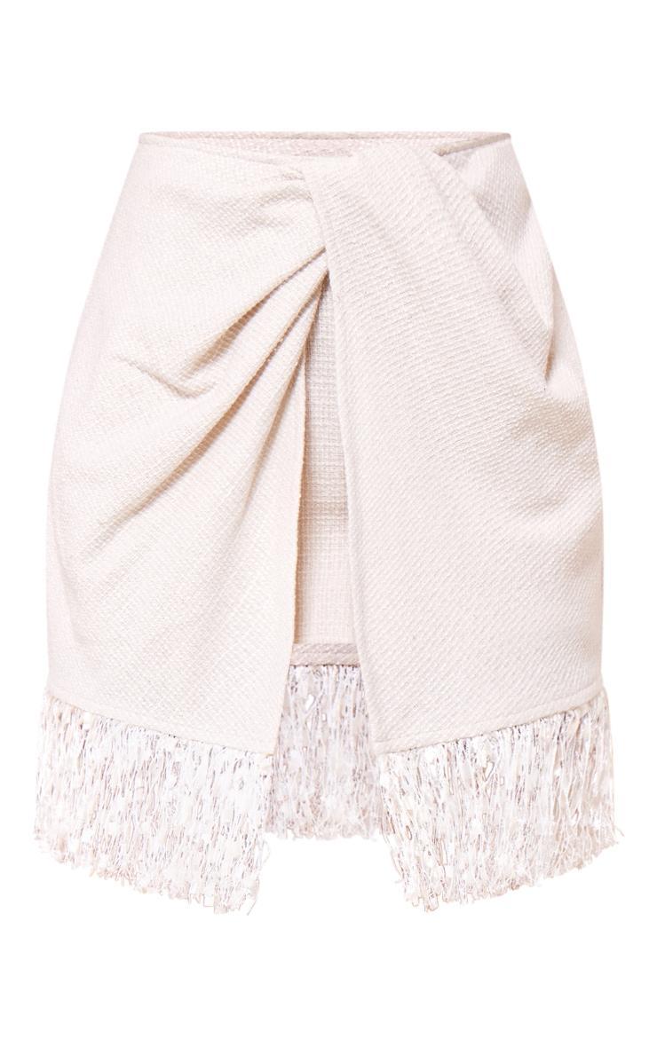 White Boucle Tassel Hem Drape Front Mini Skirt Product Image