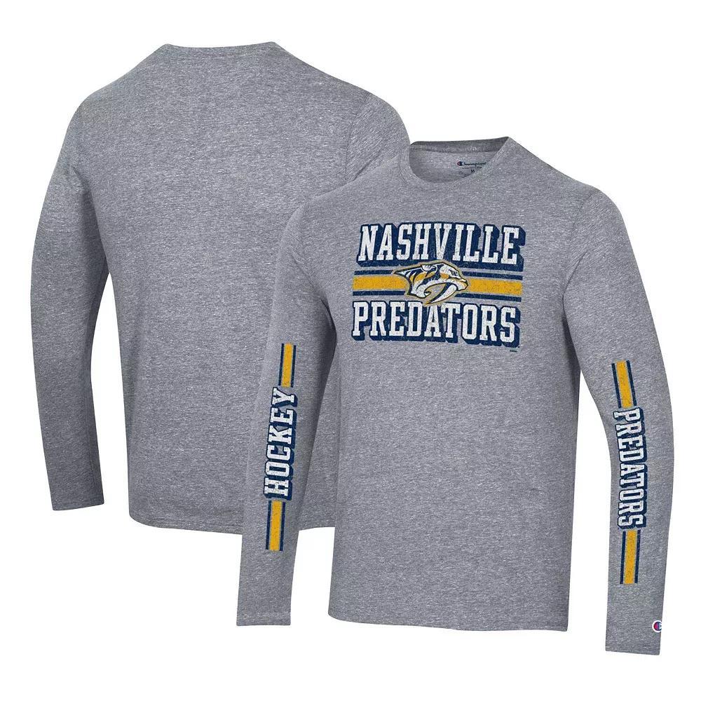 Men's Champion Heather Gray Nashville Predators Tri-Blend Dual-Stripe Long Sleeve T-Shirt, Size: 2XL, Pdt Grey Product Image